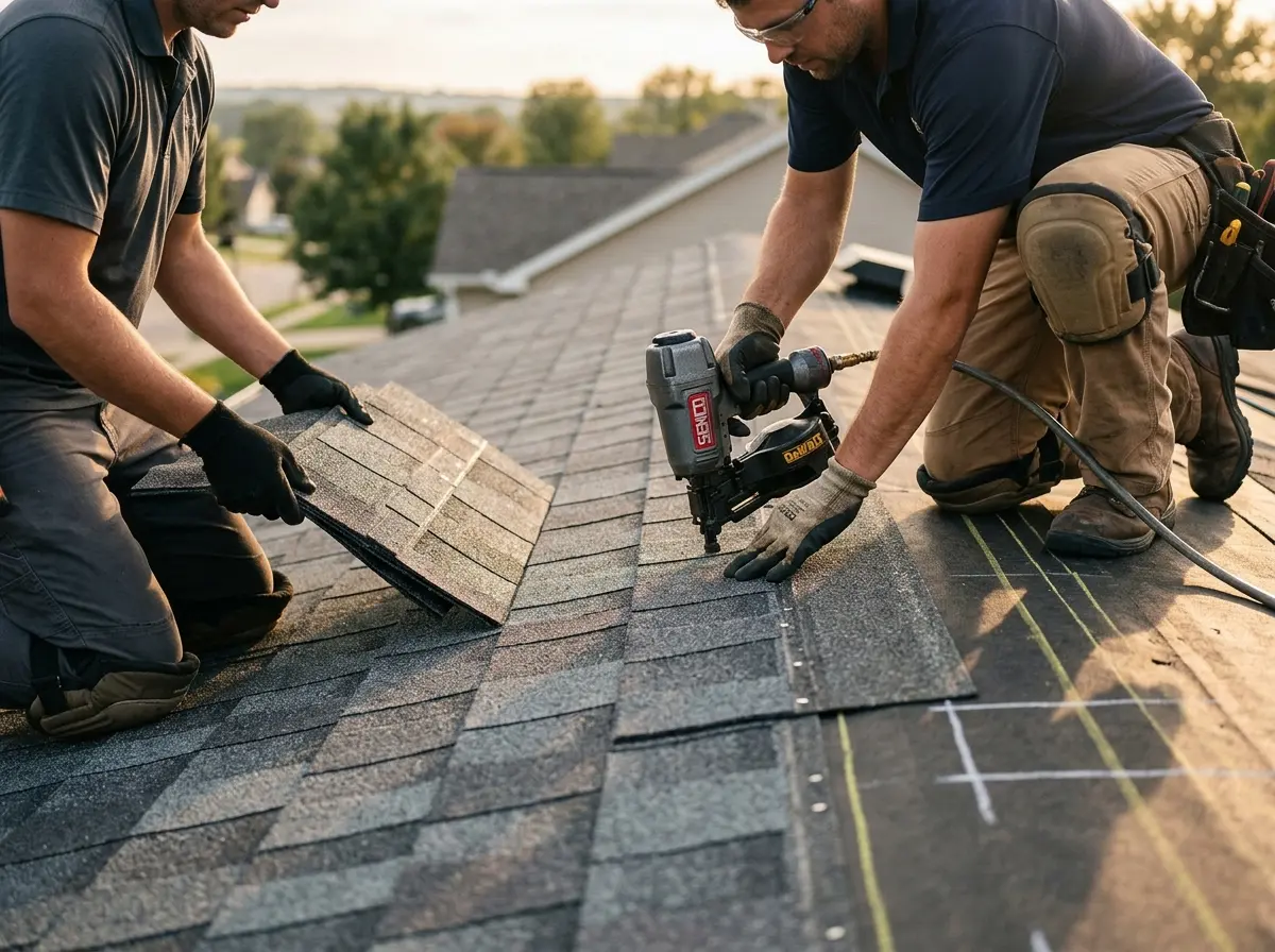 Professional roofer working on a residential roof in Battle Creek